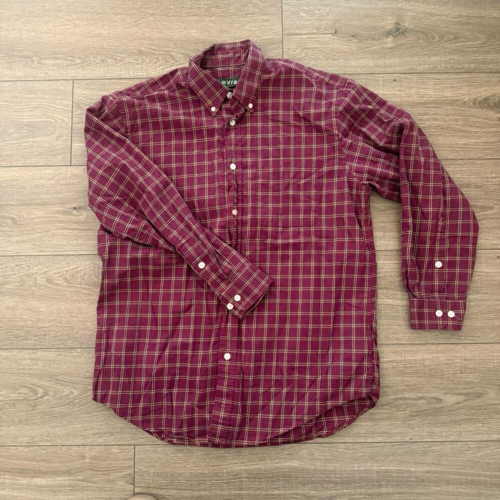 Orvis Country Twill Mens Large 100% Cotton Plaid Shirt Burgundy Button Down
